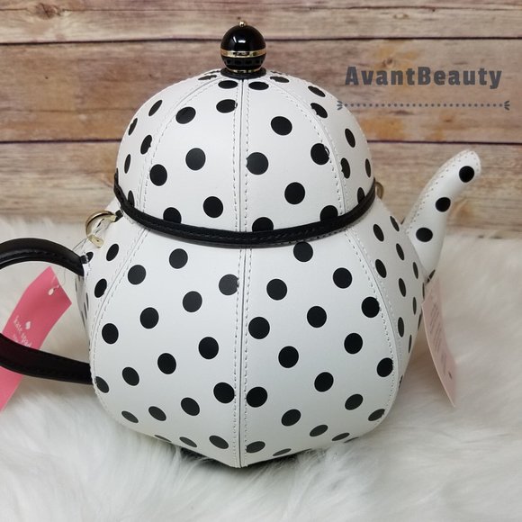 Kate Spade New Teapot Tea Party Polka Dots Black White Kettle Alice Wonderland - Picture 8 of 14